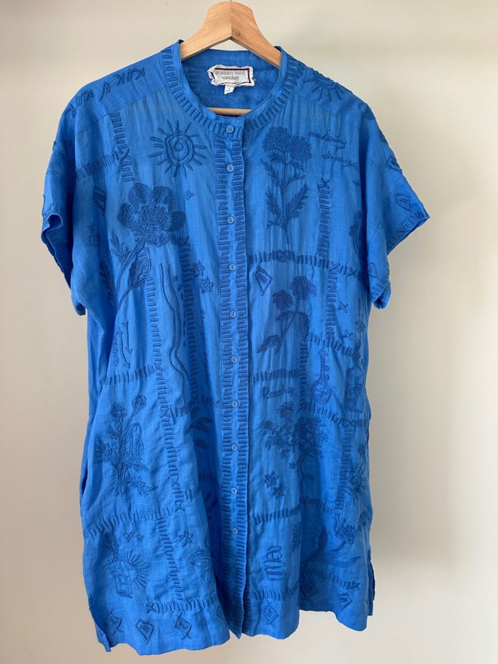 Johnny Was Bright Blue Embroidered Button-Front Tunic